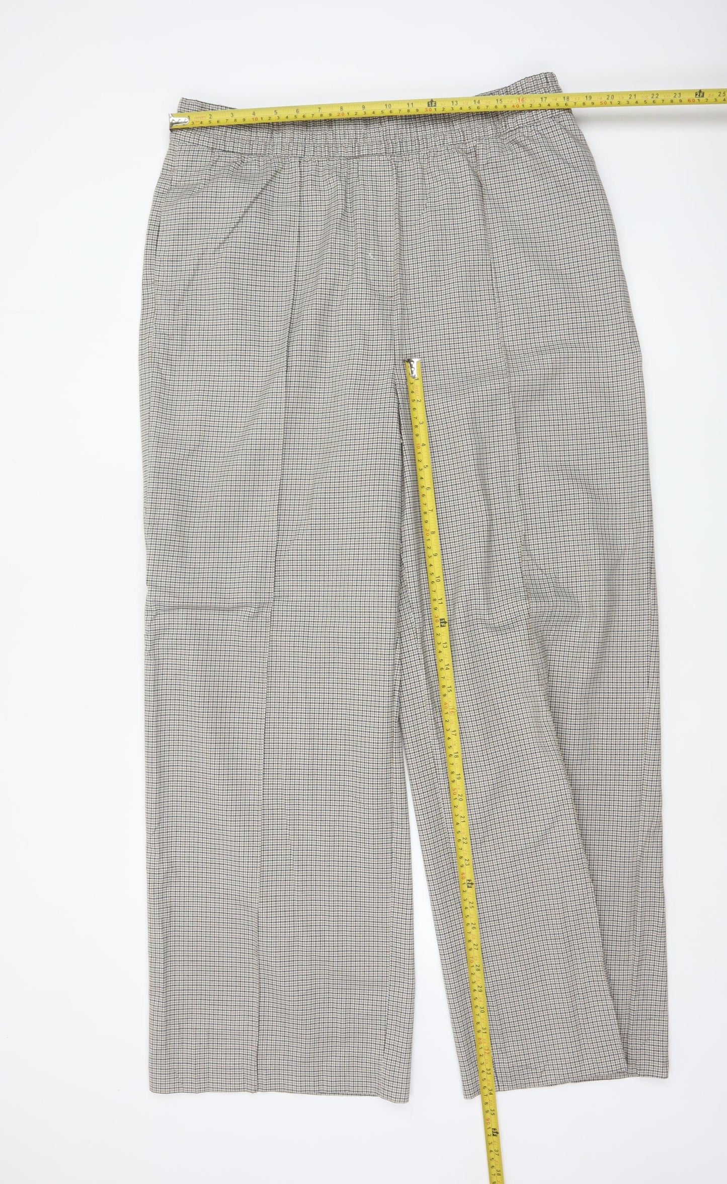 Marks and Spencer Women Beige Check Wide-Leg Trousers UK 18 Long
