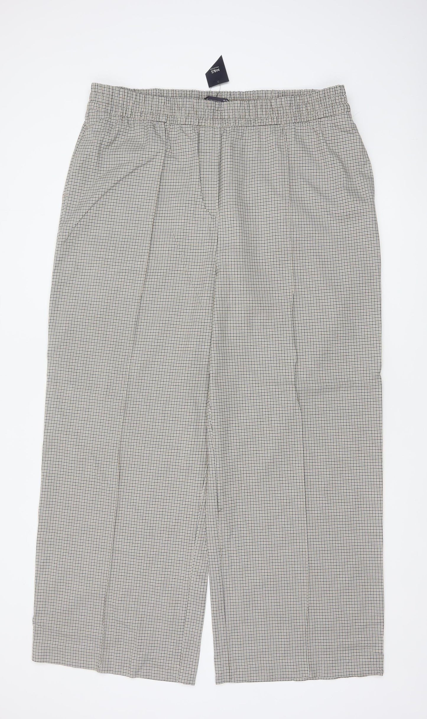 Marks & Spencer Women's Beige Check Wide-Leg Trousers UK 20 Regular