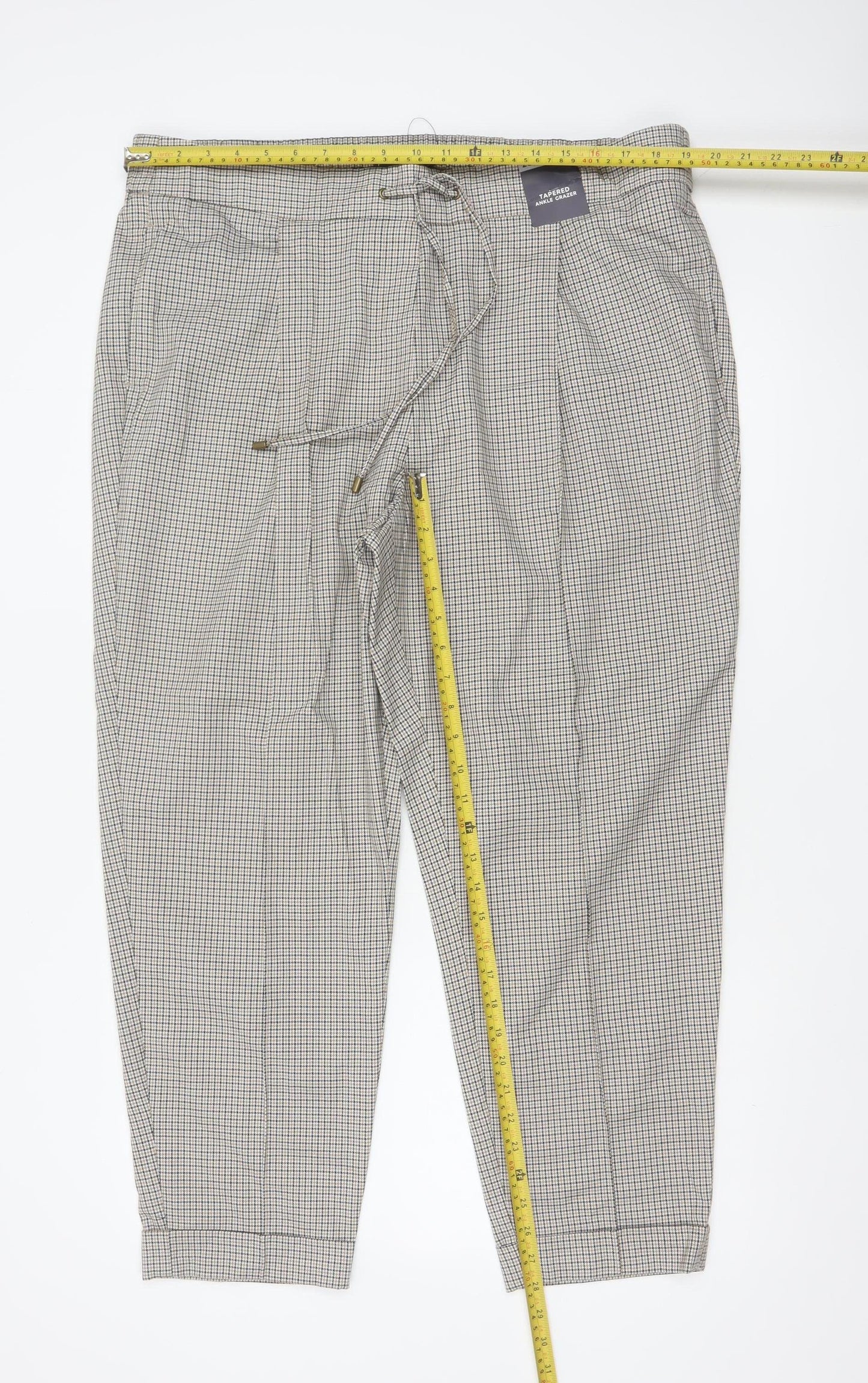 Marks and Spencer Women Beige Check Tapered Ankle Grazer Trousers UK 20