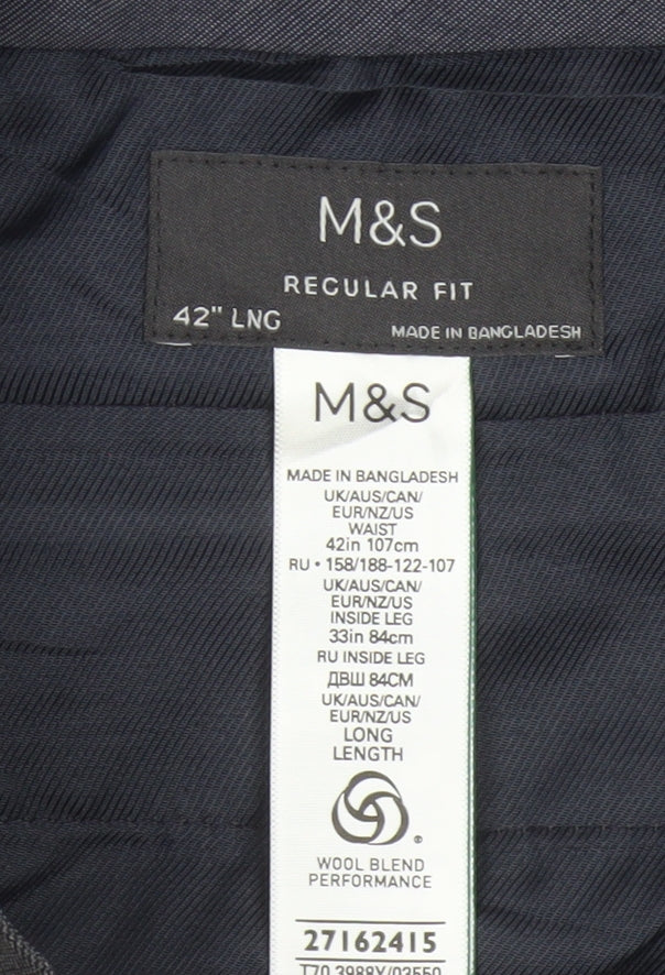 M&S Men's Grey 42in Regular Fit Wool Blend Dress Trousers 33in Leg