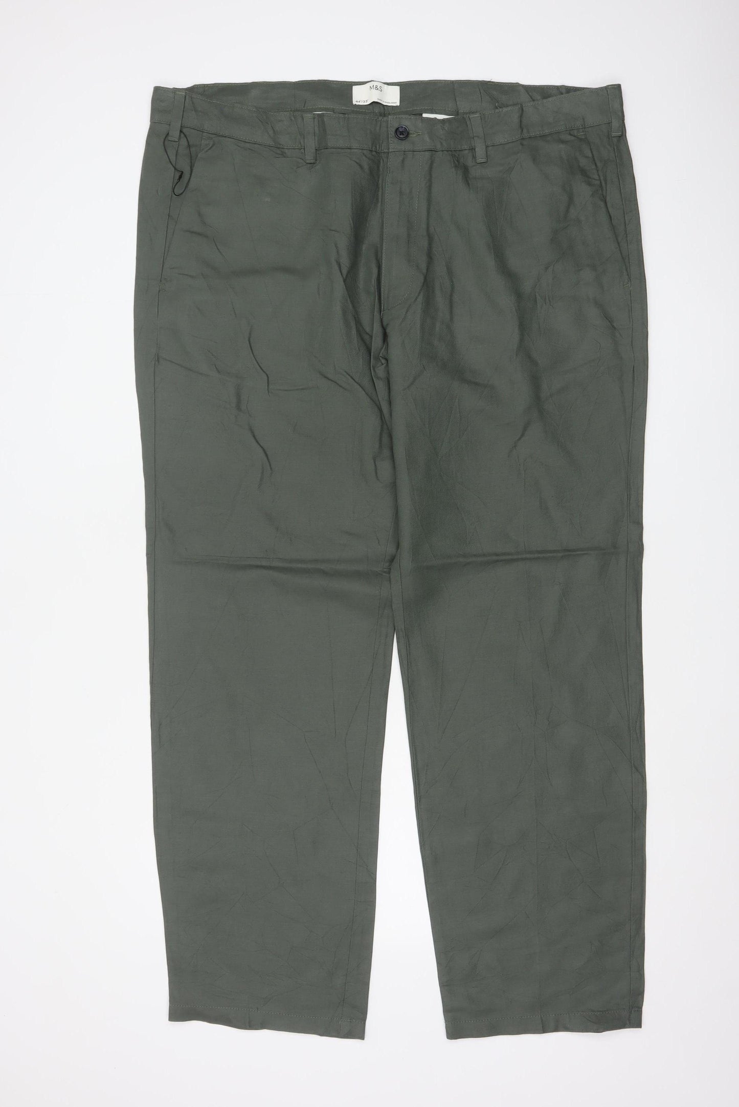 Marks & Spencer Men Green 44in 33in Linen Cotton Chino Trousers