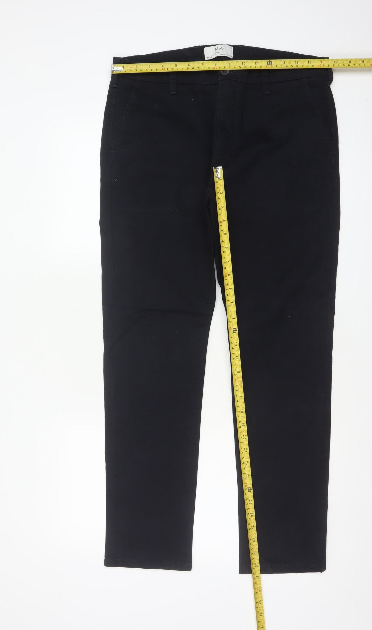 Marks & Spencer Men's Black 34/31 Slim Fit Cotton Stretch Trousers