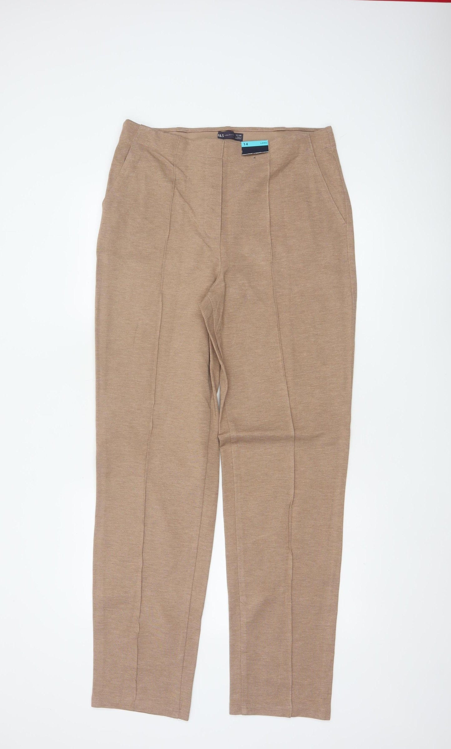 Marks & Spencer Women's Beige UK 14 Long Tailored Straight Trousers