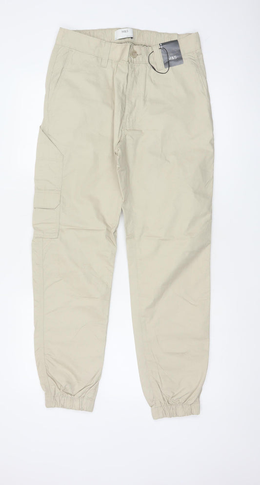 Marks and Spencer Men's Beige S Cargo Jogger Trousers Elastic Waist