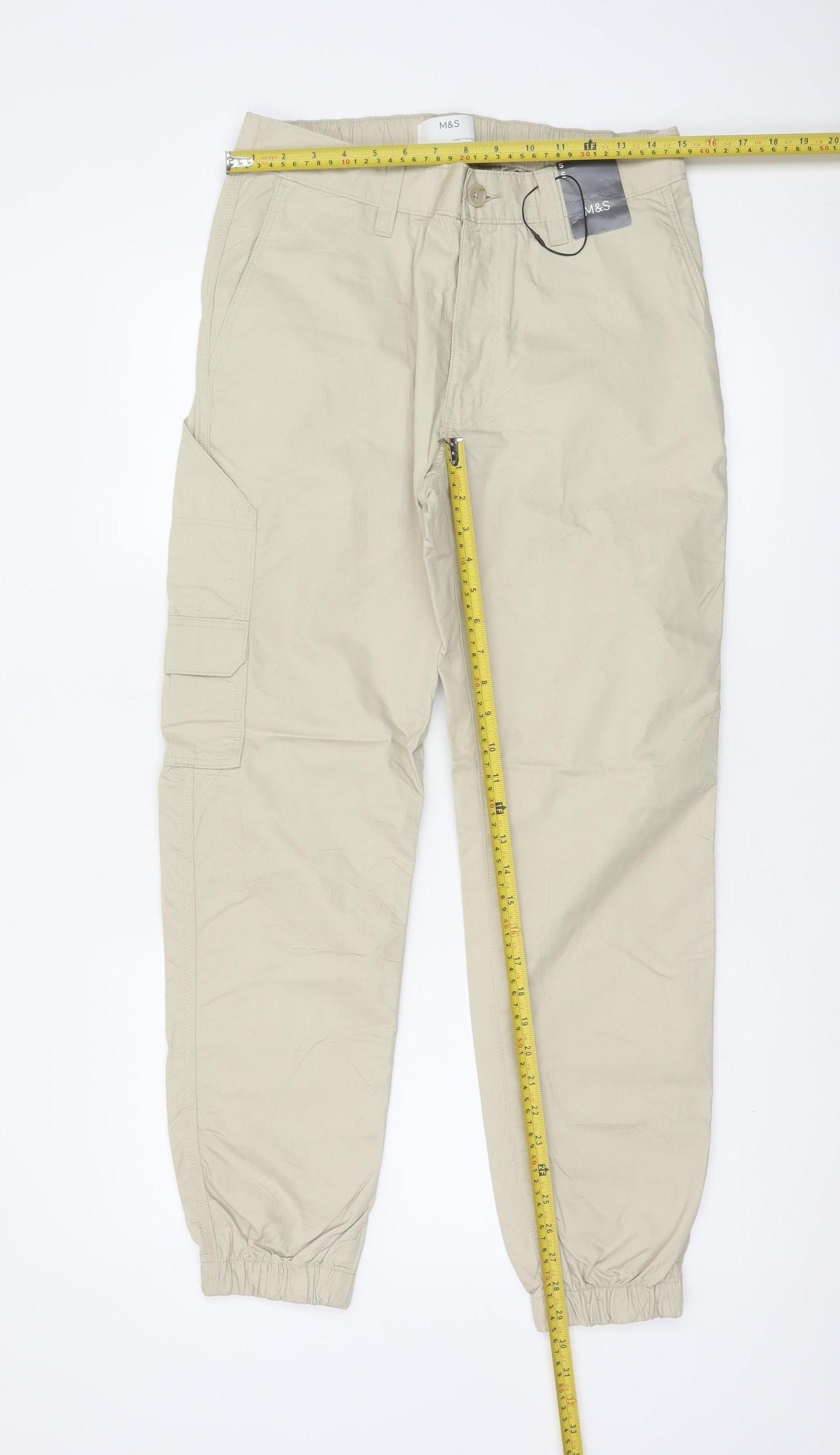 Marks and Spencer Men's Beige S Cargo Jogger Trousers Elastic Waist