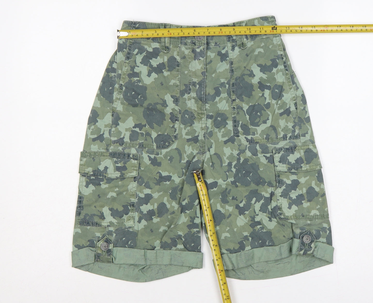 M&S Womens Green Camo Cargo Shorts UK 6 Cuffed Utility Pockets