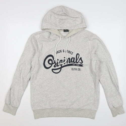 Jack & Jones Men’s Grey M Pullover Hoodie Graphic Print Pouch Pocket