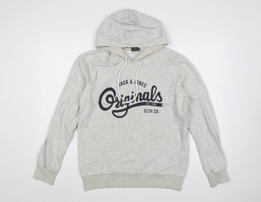 Jack & Jones Men’s Grey M Pullover Hoodie Graphic Print Pouch Pocket