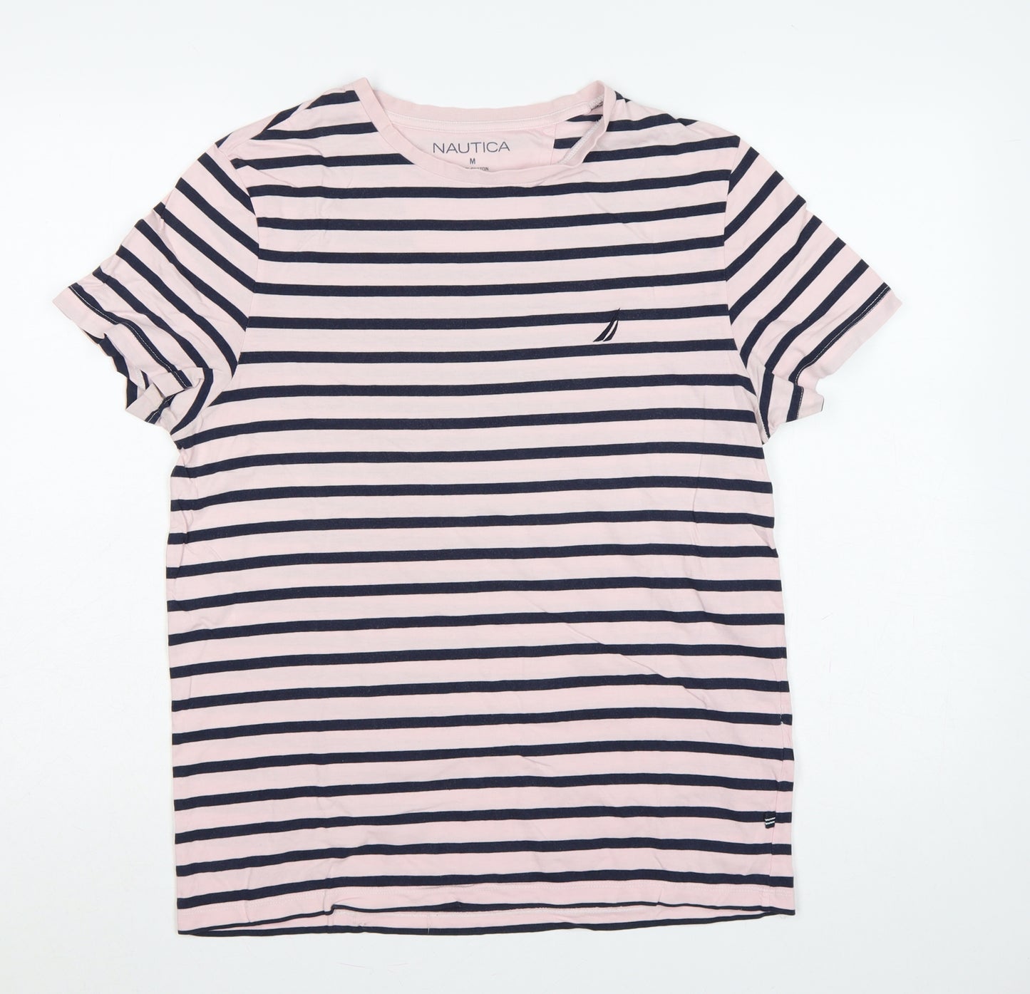 Nautica Men’s Pink Navy Striped Cotton Crew Neck T-Shirt M
