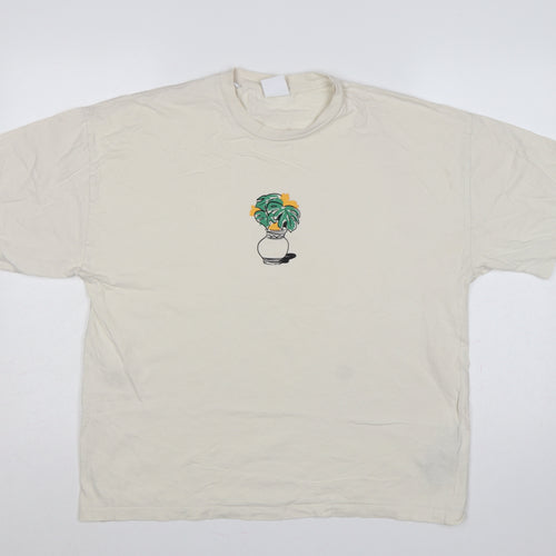 Selected Homme Men's Ivory L Graphic Plant Cotton Crew Neck T-Shirt