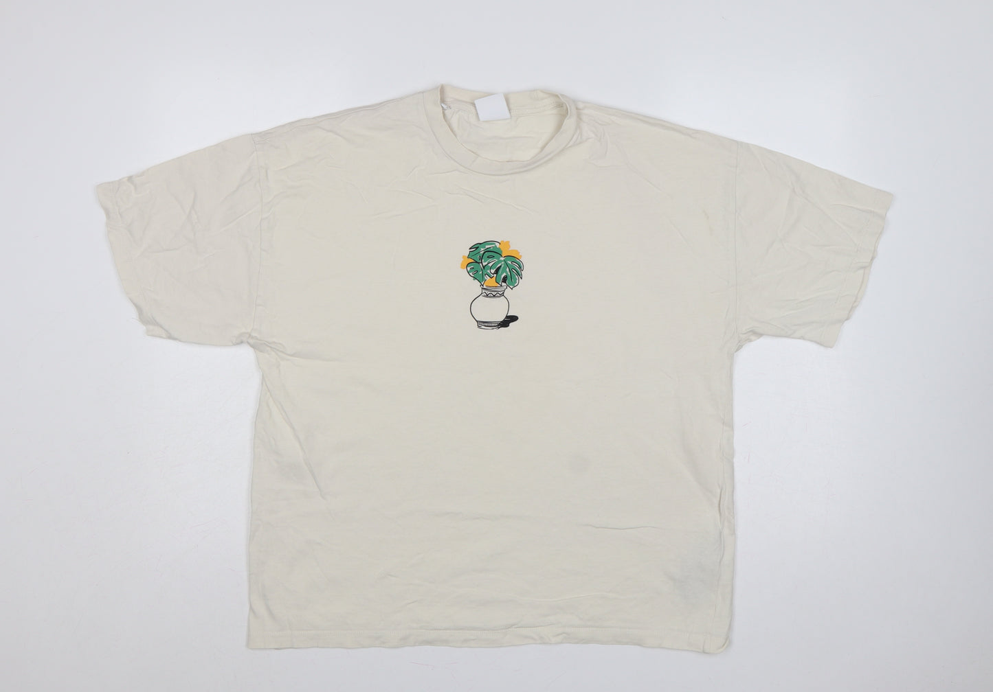 Selected Homme Men's Ivory L Graphic Plant Cotton Crew Neck T-Shirt
