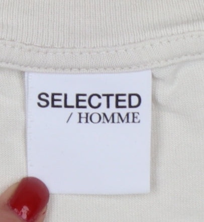 Selected Homme Men's Ivory L Graphic Plant Cotton Crew Neck T-Shirt