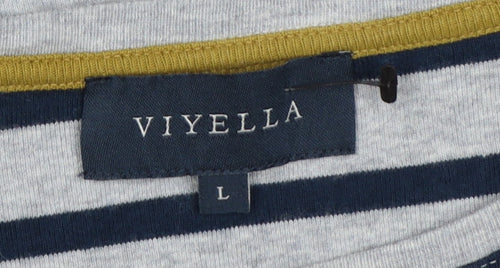 Viyella Women’s Blue Stripe Cotton Jersey Long Sleeve Basic T-Shirt L