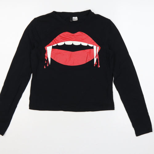 H&M Divided Women Black M Vampire Lips Graphic Long Sleeve T-Shirt