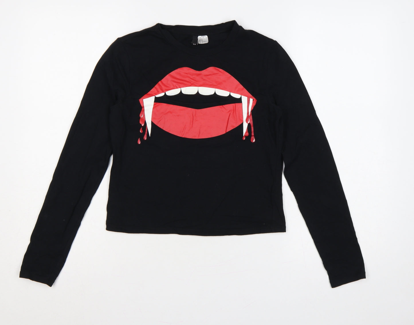 H&M Divided Women Black M Vampire Lips Graphic Long Sleeve T-Shirt