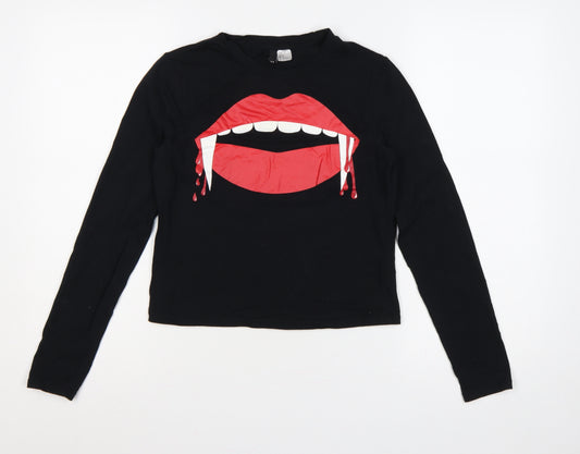 H&M Divided Women Black M Vampire Lips Graphic Long Sleeve T-Shirt