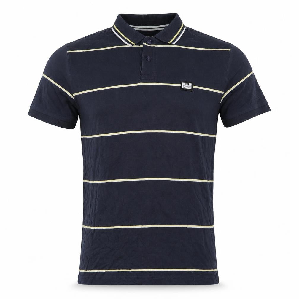 Front view of Weekend Offender Men’s Blue Striped Cotton Polo Shirt Small S