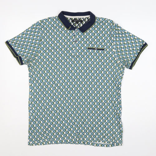 Peacocks Men’s Multicoloured Geometric Cotton Polo Shirt L Short Sleeve