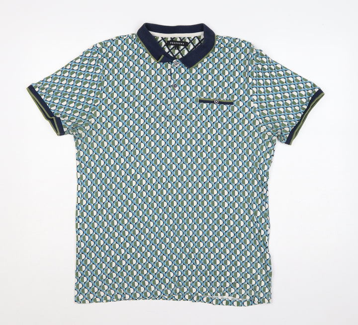 Peacocks Men’s Multicoloured Geometric Cotton Polo Shirt L Short Sleeve