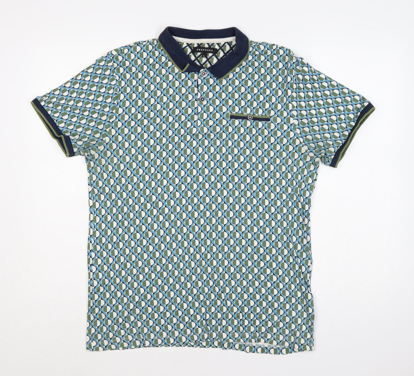 Peacocks Men’s Multicoloured Geometric Cotton Polo Shirt L Short Sleeve