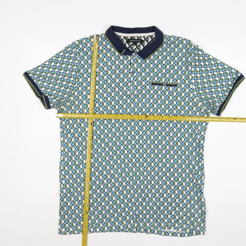 Peacocks Men’s Multicoloured Geometric Cotton Polo Shirt L Short Sleeve