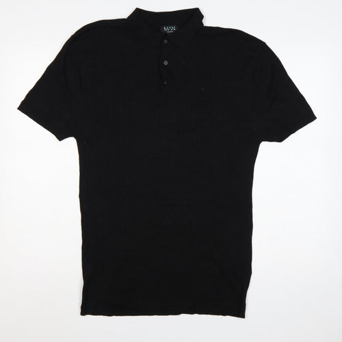 BoohooMAN Men’s Black XL Rib Knit Short Sleeve Polo Shirt