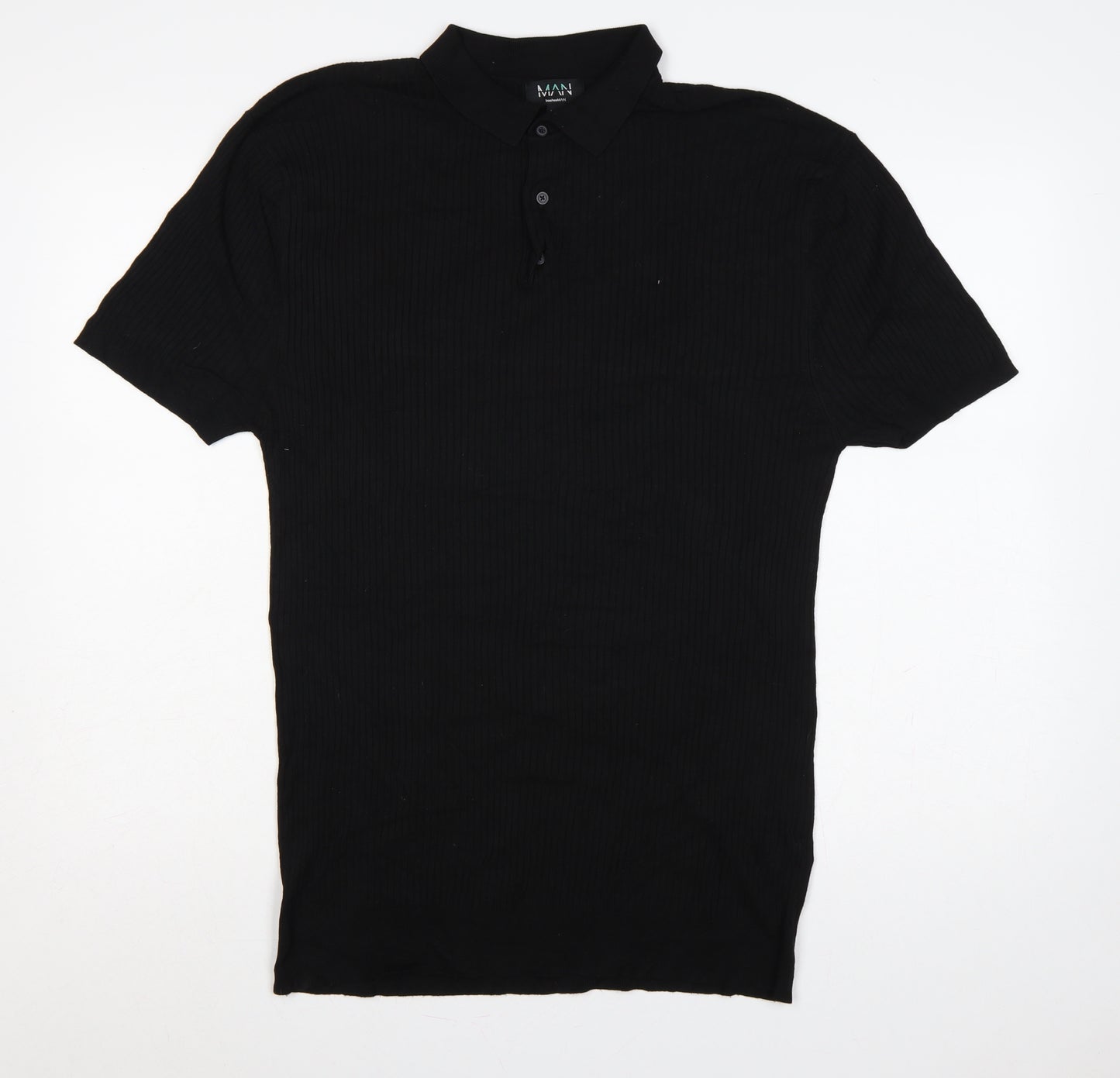 BoohooMAN Men’s Black XL Rib Knit Short Sleeve Polo Shirt