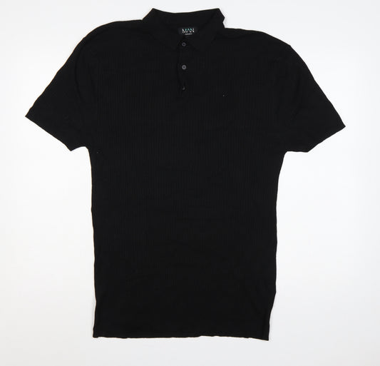 BoohooMAN Men’s Black XL Rib Knit Short Sleeve Polo Shirt
