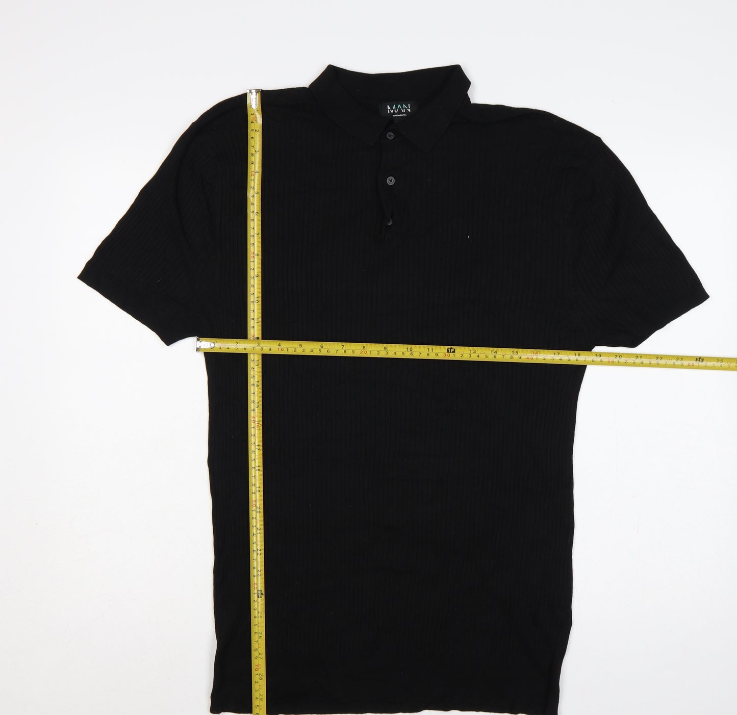 BoohooMAN Men’s Black XL Rib Knit Short Sleeve Polo Shirt