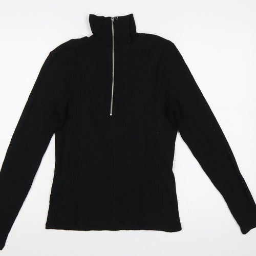 River Island Women Black UK 14 Ribbed Jersey High Neck Zip Top
