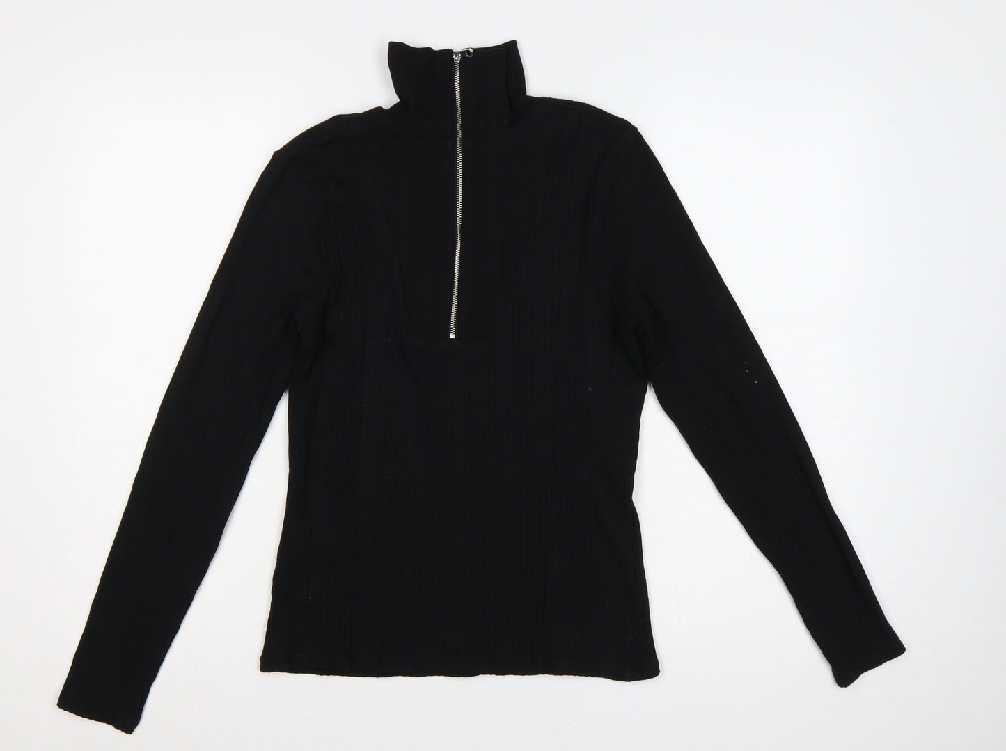 River Island Women Black UK 14 Ribbed Jersey High Neck Zip Top