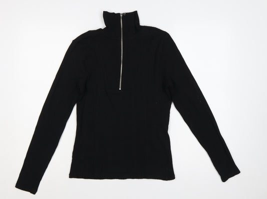 River Island Women Black UK 14 Ribbed Jersey High Neck Zip Top