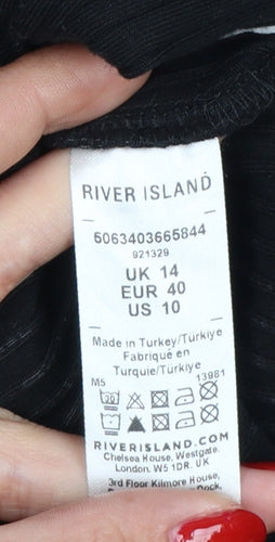 River Island Women Black UK 14 Ribbed Jersey High Neck Zip Top