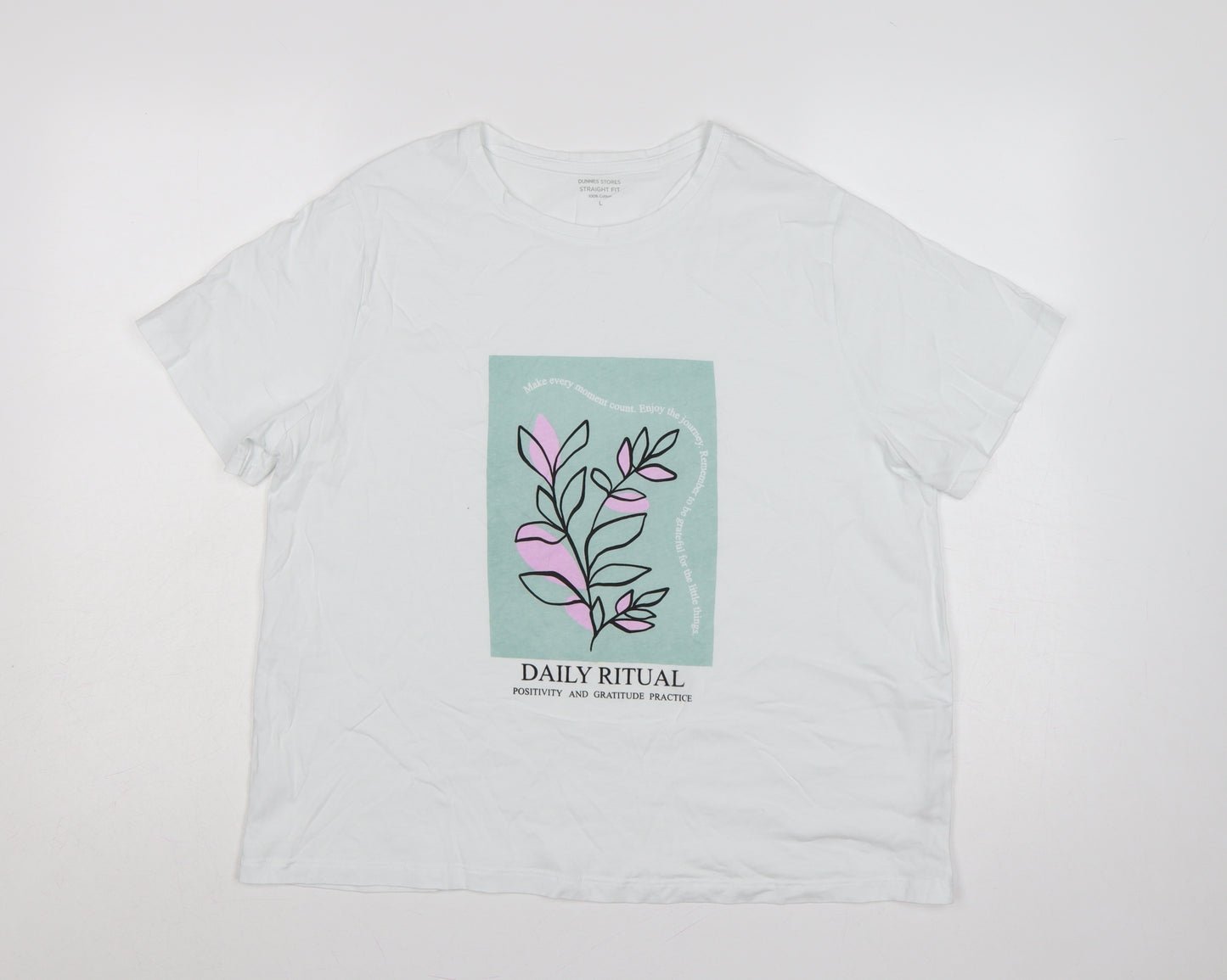 Dunnes Stores Women White Floral Graphic Cotton T-Shirt UK 18