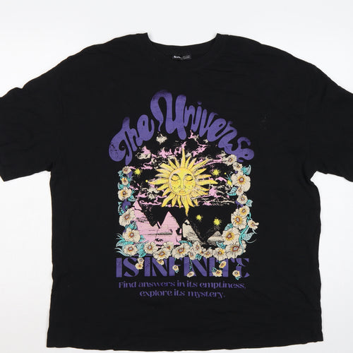 Bershka Women Black M Graphic Sun Flower Cotton Jersey T-Shirt