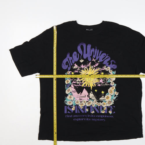Bershka Women Black M Graphic Sun Flower Cotton Jersey T-Shirt