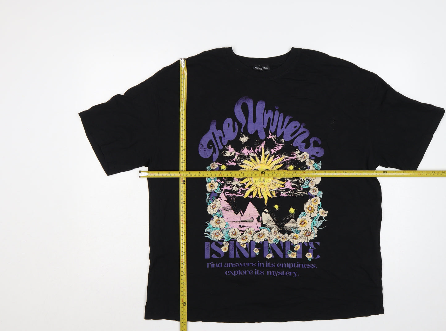 Bershka Women Black M Graphic Sun Flower Cotton Jersey T-Shirt
