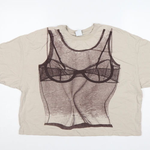 Bershka Women Beige M Cropped Corset Graphic Cotton T-Shirt