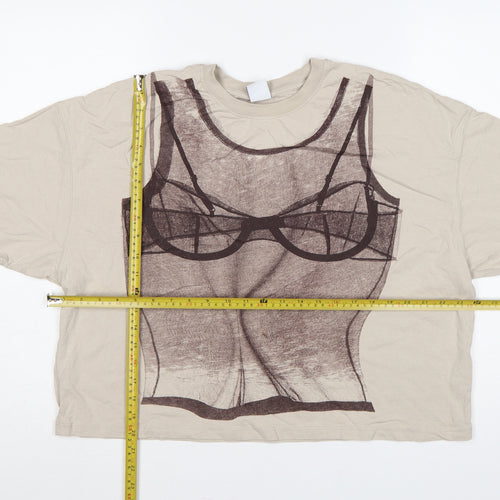 Bershka Women Beige M Cropped Corset Graphic Cotton T-Shirt