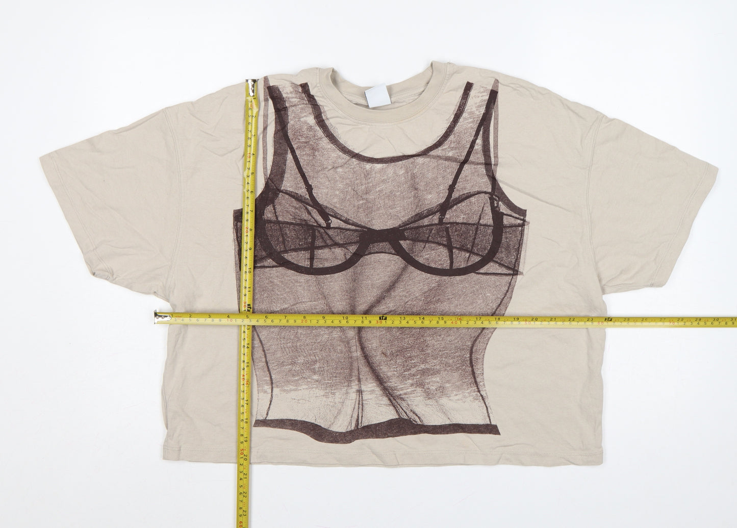 Bershka Women Beige M Cropped Corset Graphic Cotton T-Shirt