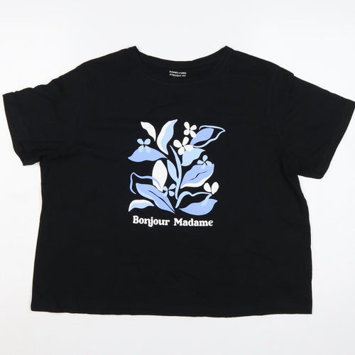 Dunnes Stores Women Black L Floral Bonjour Madame Cotton T-Shirt