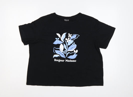 Dunnes Stores Women Black L Floral Bonjour Madame Cotton T-Shirt