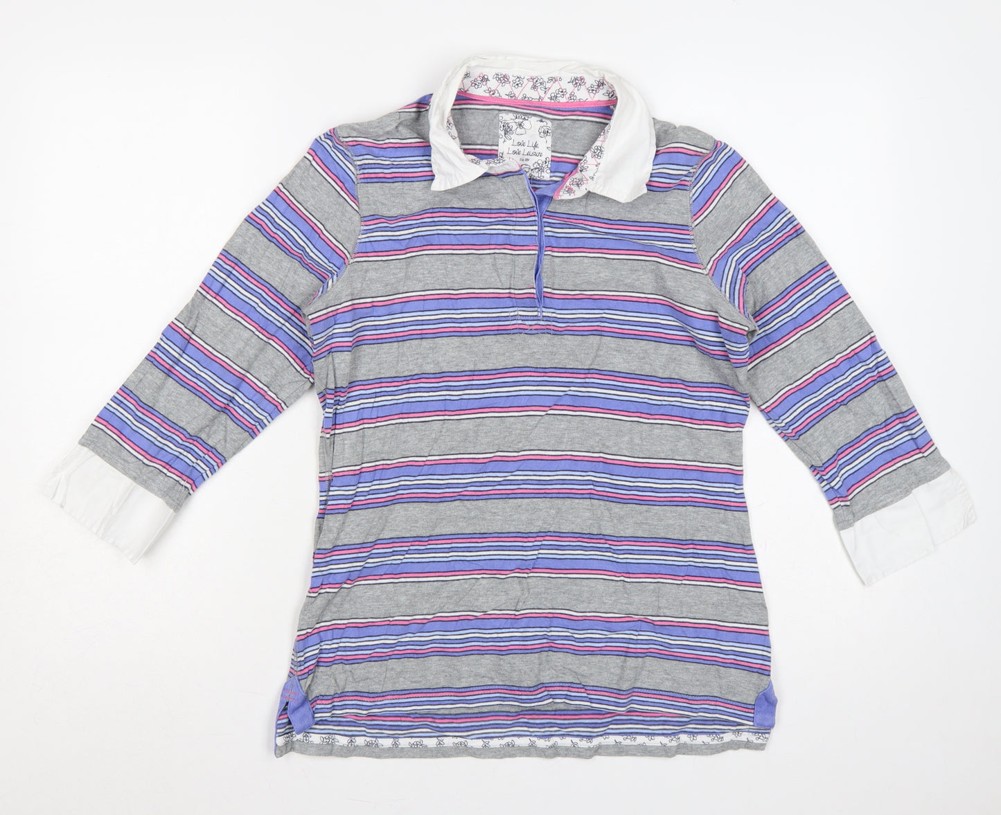 Marks and Spencer Women Multicoloured Size 12 Striped Cotton Polo Top
