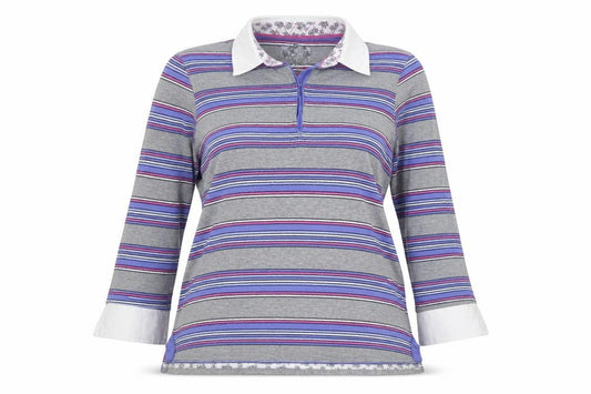 Front view of Marks & Spencer Women Multicoloured, size 12, Striped Cotton Polo Top