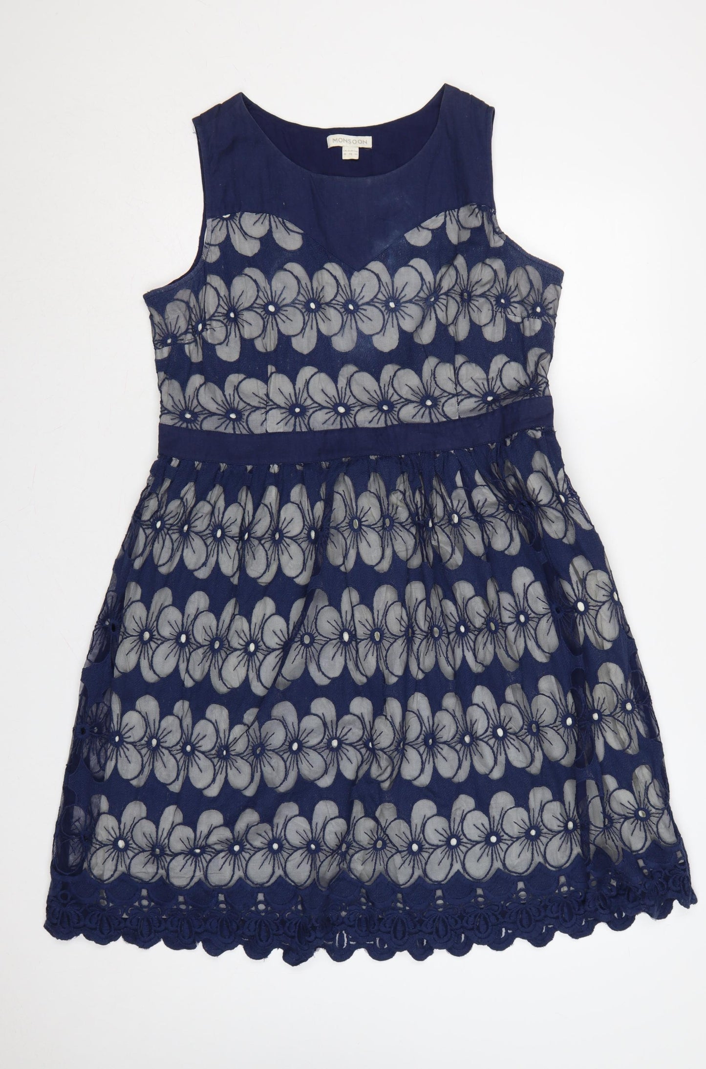 Monsoon Women Blue Floral Lace Fit & Flare Dress UK 18 Sleeveless