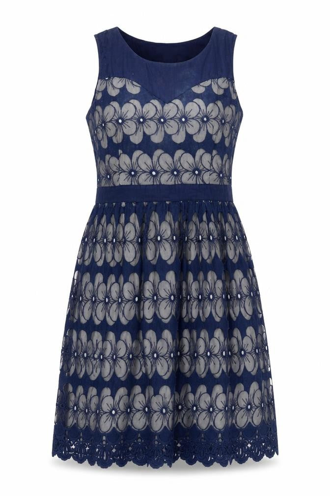 Monsoon Women Blue Floral Lace Fit & Flare Dress UK 18 Sleeveless