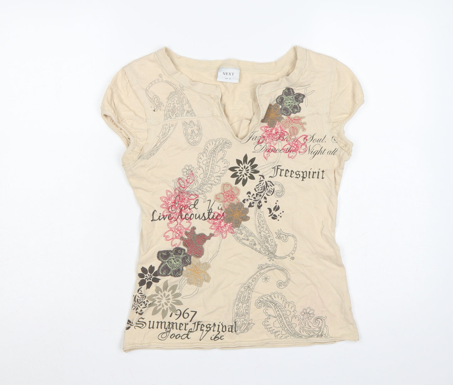 Next Women Beige UK 12 Floral Paisley Embroidered Short Sleeve T-Shirt