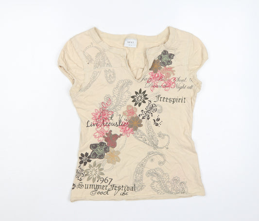 Next Women Beige UK 12 Floral Paisley Embroidered Short Sleeve T-Shirt