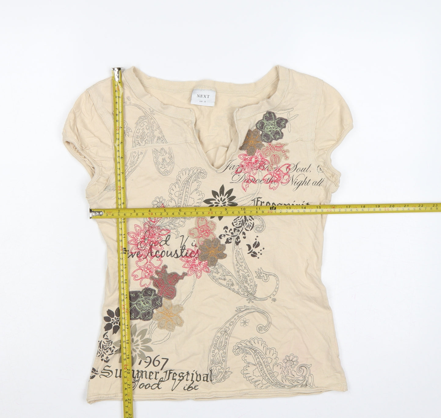 Next Women Beige UK 12 Floral Paisley Embroidered Short Sleeve T-Shirt