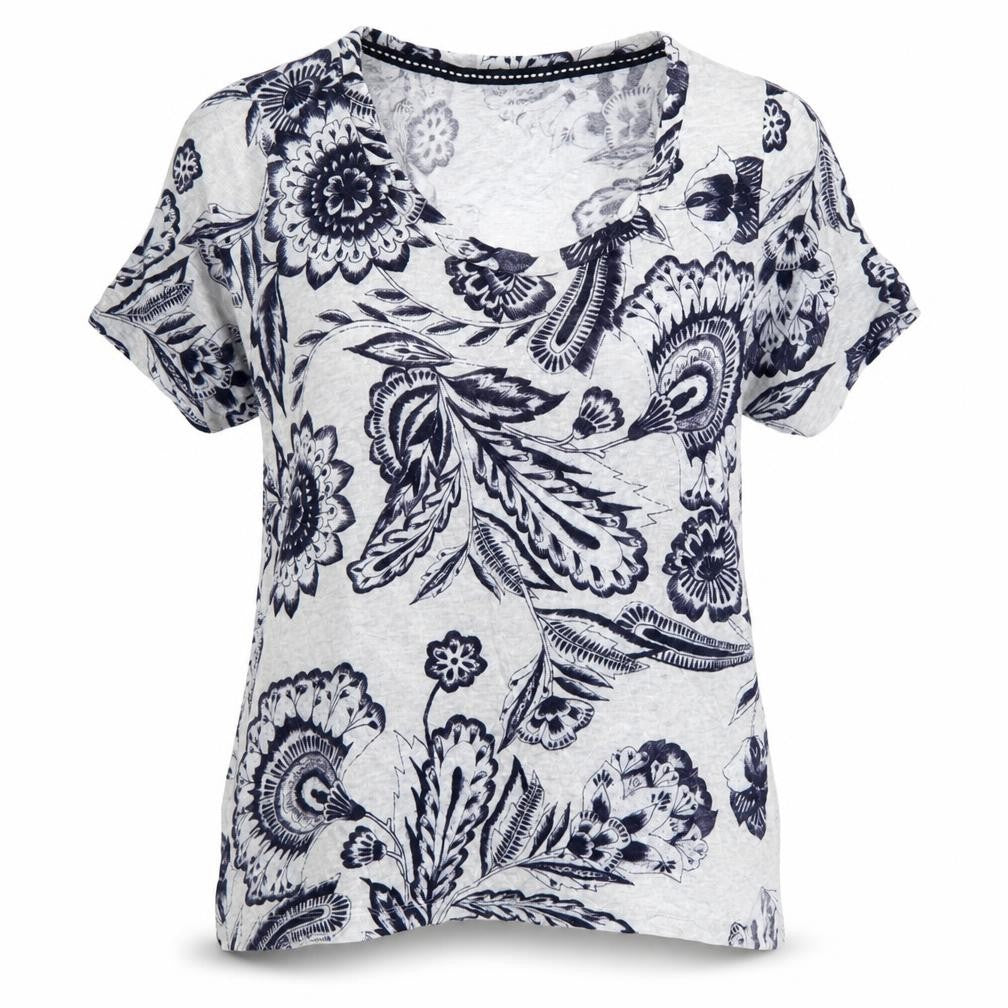 Meadow Rue Women’s Ivory Blue Floral Linen XS Short Sleeve T-Shirt